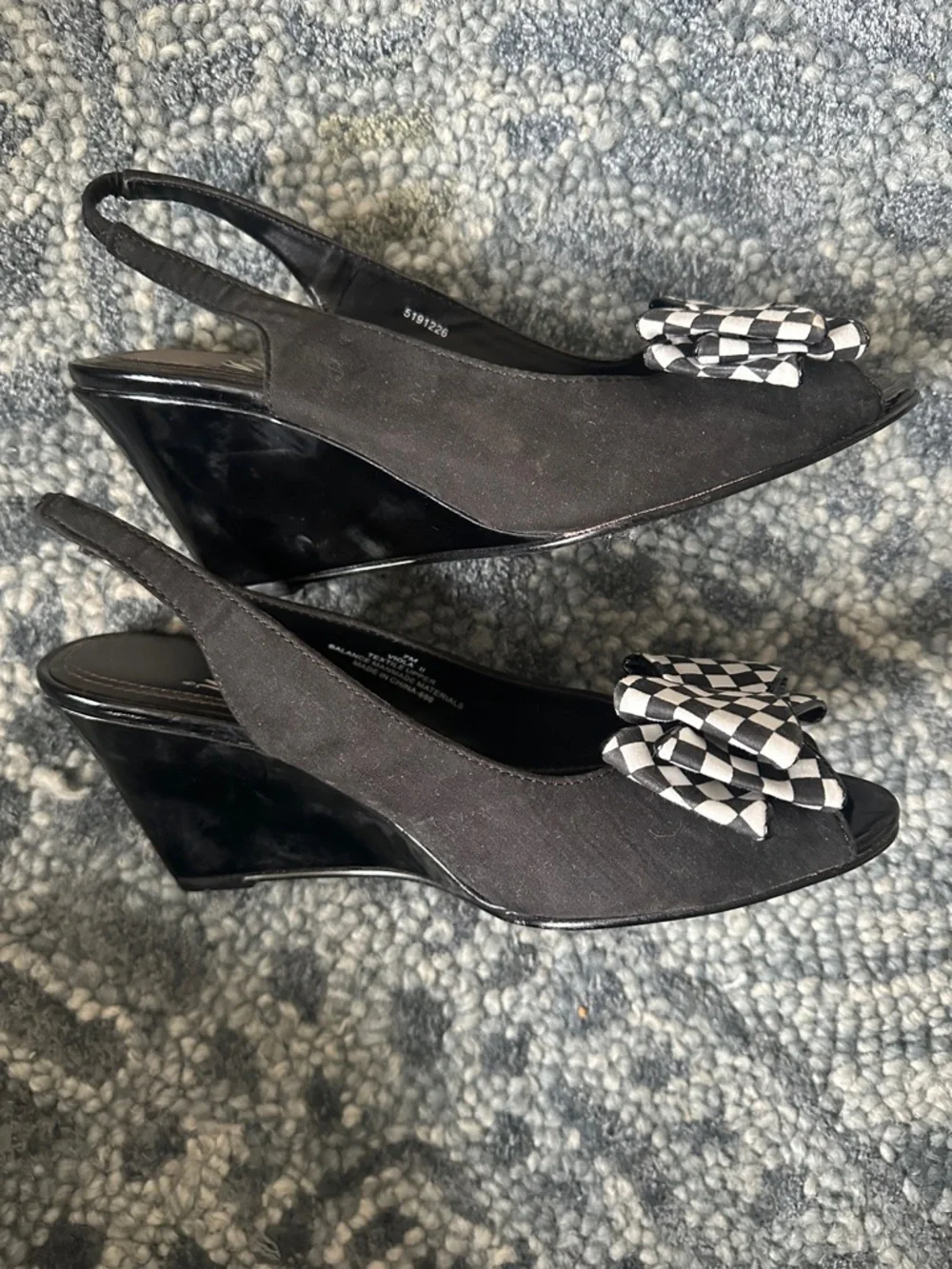 Impo Peep Toe Slingback Wedge Heels Black Checkered Bow Accent